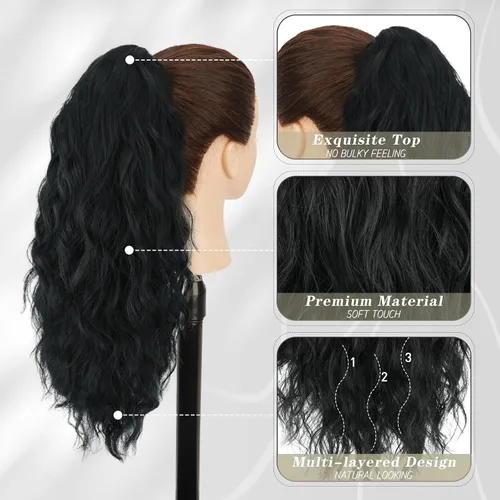 Miniatura 3 de BARSDAR Extensión de cola de caballo negra, extensiones de cabello de cola de caballo con clip de garra de 18 pulgadas para mujer, extensiones