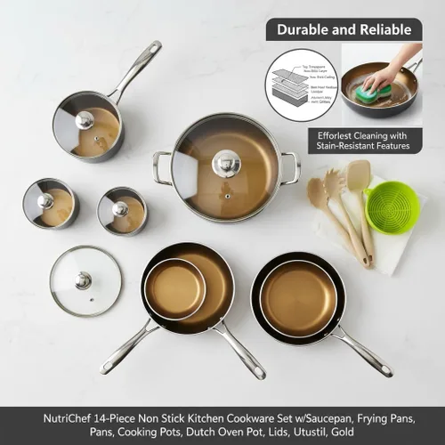 Miniatura 5 de NutriChef Juego de utensilios de cocina antiadherentes de 14 piezas con cacerola, sartenes, ollas de cocina, olla de horno holandés, tapas, Dorado
