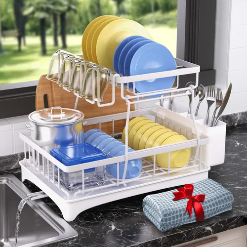 Miniatura 11 de Godboat Escurridor de platos, escurridor de platos con drenaje automático y alfombra, escurridor de platos para encimera de cocina, organizador