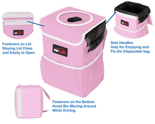 Miniatura 4 de EPAuto Bote de basura impermeable para automóvil con tapa y bolsillos de almacenamiento, 2.5 galones a prueba de fugas, color rosa