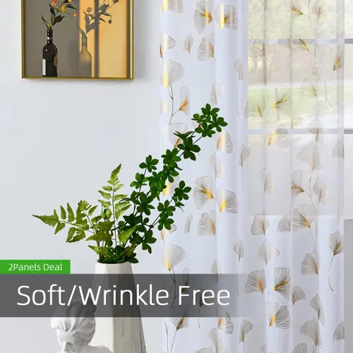 Miniatura 4 de Youleyar - 2 paneles de cortinas de gasa con estampado de lámina dorada, con ojales en la parte superior, para ventana, de 63 pulgadas de largo
