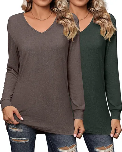 Miniatura 2 de Riyiper 2 camisetas de manga larga para mujer, cuello en V, lisas, casuales, holgadas, camisetas
