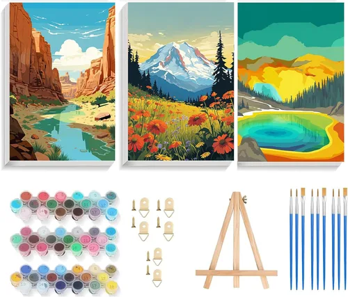 Miniatura 12 de 6 paquetes de pintura por números para adultos principiantes, kits de pintura por números de parques nacionales sobre lienzo sin marco, Yellowstone