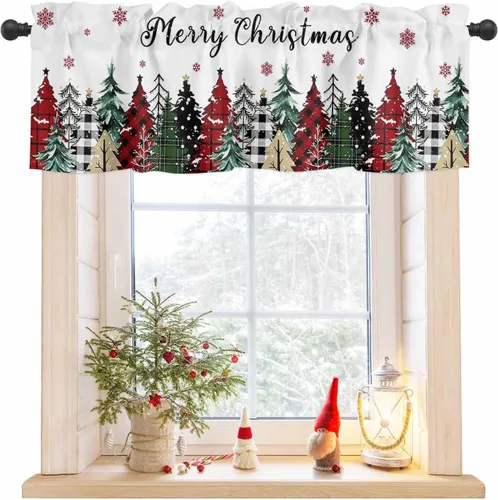 Miniatura 9 de Cenefa de Navidad para Ventanas Cortinas de Árbol de Navidad Alegre Cenefas con Bolsillo para Barra Cenefa Tratamientos para Ventanas Cuadros Árbol