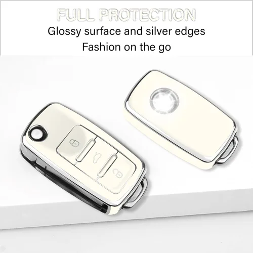 Miniatura 4 de QBUC Funda para llavero VW con llavero de poliuretano termoplástico suave con ribete plateado, compatible con Volkswagen Jetta Beetle, Santana