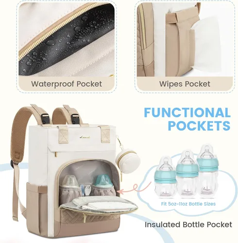 Miniatura 4 de LOVEVOOK Mochila para Pañales, Bolsa de Bebé Portátil de Gran Capacidad con Almohadilla Cambiadora de Pañales Plegable, Bolsas de Pañales para Bebé