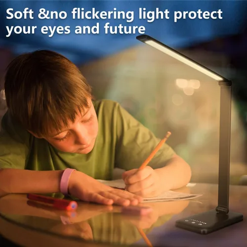 Miniatura 6 de Lámpara de escritorio LED White Crown, lámpara de mesa regulable, lámpara de lectura con puerto de carga USB, 5 modos de iluminación, control Negro