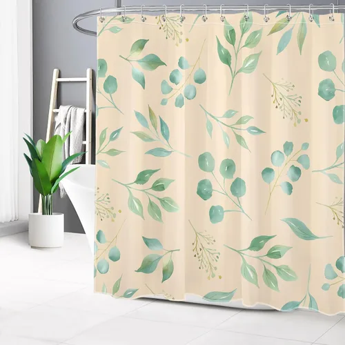 Miniatura 12 de EOBTAIN Cortina de ducha de hojas de eucalipto verde para baño, cortina de ducha con hojas de plantas naturales en beige con 10 ganchos, juego