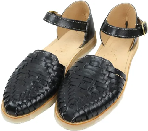 Macarena Collection Sandalias Huarache para mujer, sandalias coloridas de cuero, estilo mexicano, color negro 927, correa de tobillo