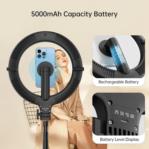 Miniatura 6 de Anillo de luz magnético de 10.2 pulgadas con trípode de 64 pulgadas para iPhone Mag Safe, anillo de luz recargable de 5000 mAh con soporte, trípode