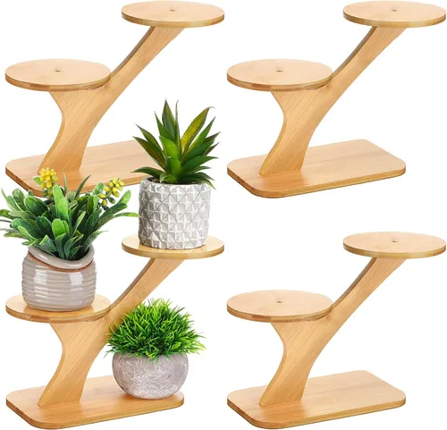 4 soportes de bambú para plantas de interior de 3 niveles, estante para alféizar de ventana para suculentas, pequeños soportes de flores para