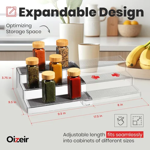 Miniatura 2 de Oizeir Estante organizador de especias expandible – 3 niveles – Estante transparente ajustable para organización de especias para armario de cocina