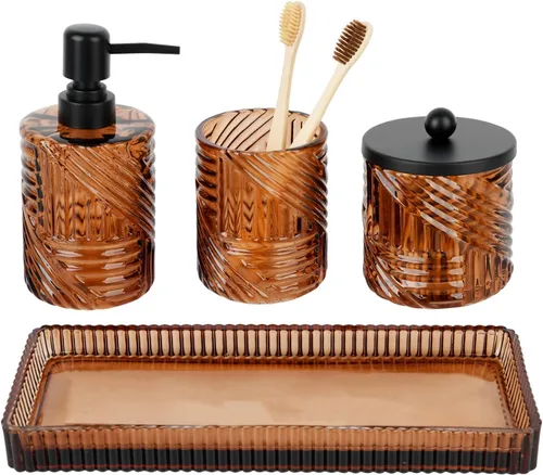 Miniatura 8 de Conjunto de accesorios de baño, 4 piezas de accesorios de baño de vidrio ámbar - Dispensador de jabón de loción, soporte para cepillo de dientes