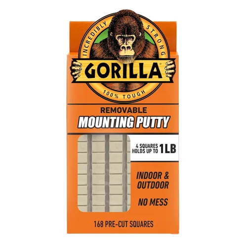 Gorilla Masilla de montaje, color bronceado natural, 168 cuadrados precortados (paquete de 1), masilla de pared no tóxica, extraíble y reposicionable