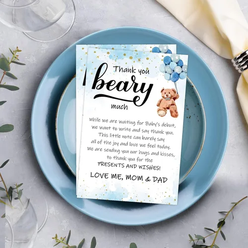 Miniatura 6 de Kisston 50 juegos de tarjetas de agradecimiento para baby shower de oso de 4 x 6 pulgadas, tarjetas de felicitación de oso con 50 sobres y Azul
