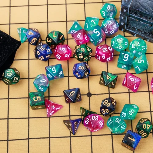 Miniatura 6 de DND - Juego de 42 dados poliédricos de Calabozos y Dragones para juegos de mesa D&D RPG MTG, dados a granel con coloridas bolsas de cordón y bandeja