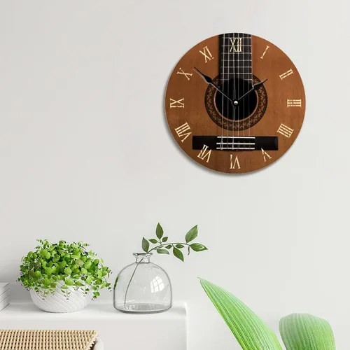 Miniatura 3 de Reloj de pared con aspecto de madera natural, reloj de pared de guitarra acústica, silencioso, redondo, de madera, funciona con pilas, reloj
