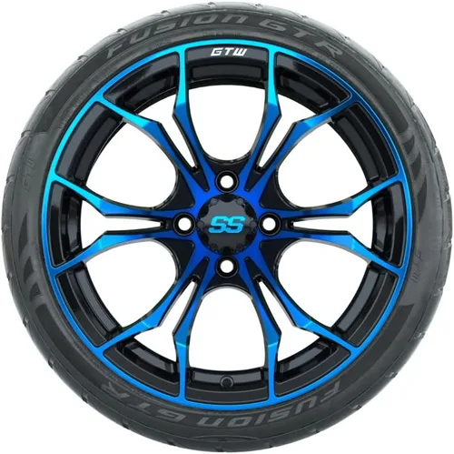 Miniatura 2 de GTW Combo de ruedas y neumáticos para carrito de golf de 15 pulgadas Ruedas Spyder azul/negro en neumáticos Fusion GTR Street 215/40-R15 (22")