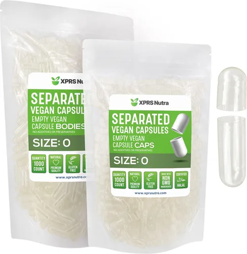 XPRS Nutra Cápsulas separadas de tamaño 0 veganas, 1000 cápsulas vacías de primera calidad para relleno de suplementos de bricolaje, píldoras