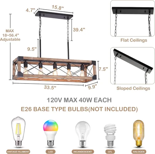 Miniatura 5 de Iluminación de Isla de Cocina Estilo Granja, Lámpara de Comedor de 5 Luces, Candelabro Lineal Estilo Granja con Madera Maciza para Comedor Cocina