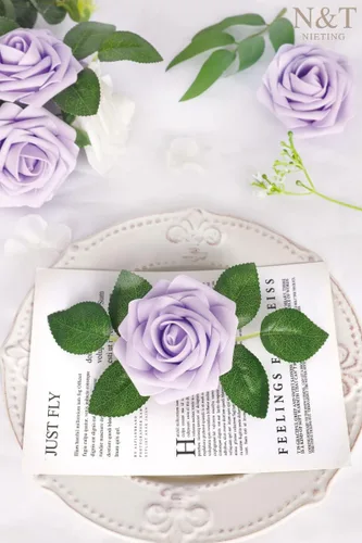 Miniatura 2 de N&T NIETING 25 unidades de flores artificiales, Rosas de espuma artificial de sensación real al tacto, decoración para boda, dama de honor, ramo