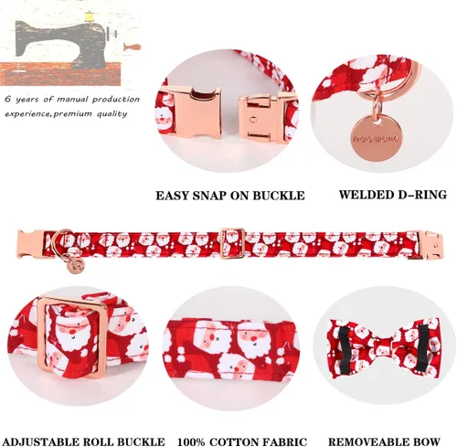 Miniatura 3 de DOGWONG Collar de Navidad para perro con corbatín, collar de perro de Papá Noel rojo, suave, duradero, ajustable, de algodón, para perros pequeños