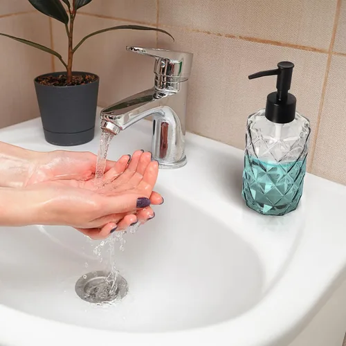 Miniatura 6 de 2 dispensadores de jabón de vidrio transparente con bomba, dispensador de jabón recargable de 11 oz con diseño de diamante para lavado de manos