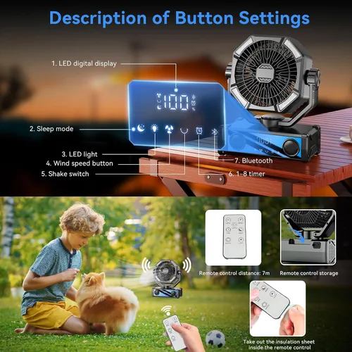 Miniatura 3 de Ventilador portátil recargable con altavoz Bluetooth 5.3, ventilador de campamento de 25000 mAh con control táctil de 5 velocidades y luz LED de 3