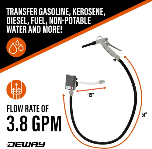 Miniatura 8 de Bomba de transferencia de combustible para bidón de gasolina DeWay con boquilla de gatillo Caudal rápido de 3.8 GPM, manguera de goma de 51