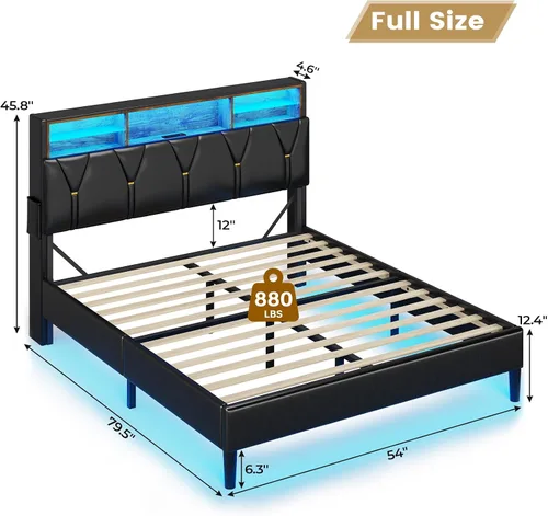 Miniatura 2 de BTHFST Marco de cama tamaño completo con luces LED y estación de carga, marco de cama LED tamaño completo con almacenamiento de cabecero, cama