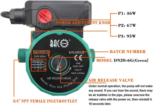 Miniatura 2 de BACOENG Bomba de circulación de agua caliente de 3/4 pulg. NPT para sistema de calefacción de suelo y sistema de recirculación con conectores