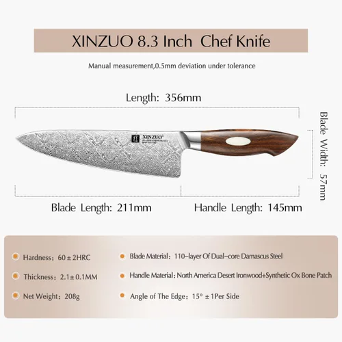 Miniatura 5 de XINZUO Cuchillo de chef de acero de Damasco de 8.3 pulgadas, 110 capas, cuchillo de cocina profesional forjado a mano, espiga completa, cuchillo