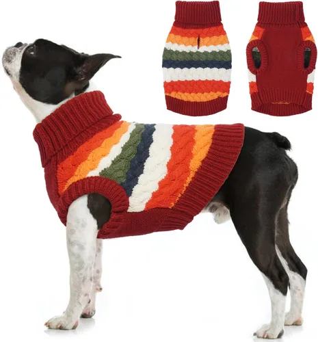 Miniatura 13 de Kuoser Suéter grande para perro, suéteres de punto de cuello alto para perros grandes, rayas coloridas, chaleco de punto para mascotas, ropa cálida