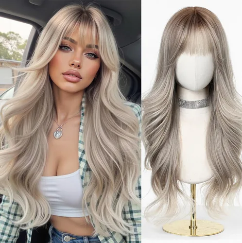 Miniatura 21 de Esmee Pelucas largas onduladas de color rubio ceniza para mujer con flecos, peluca de cabello sintético natural para uso diario y de fiesta