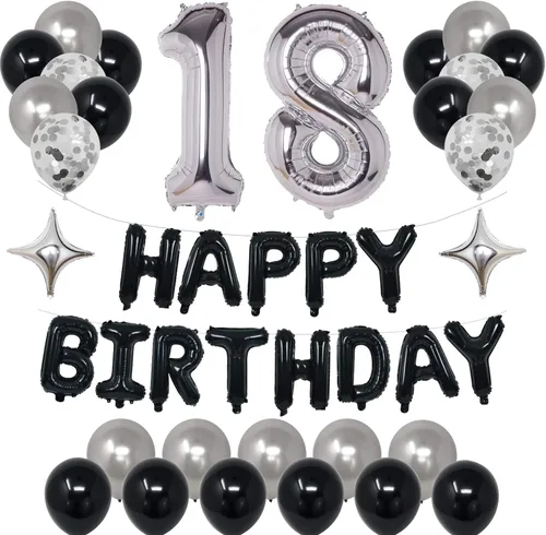 Miniatura 29 de Decoraciones de fiesta de cumpleaños color negro y plateado para niños y niñas, suministros de fiesta de cumpleaños número 14 con pancarta negra