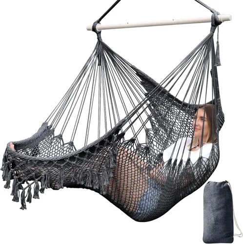 Chihee Silla Hamaca Colgante Súper Grande de Tejido de Cuerda de Algodón Hilado Suave, Barra Separadora de Metal Fuerte Plegable Asiento Ancho con