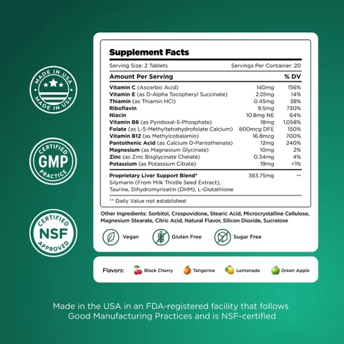 Miniatura 3 de H-PROOF The Anytime You Drink Vitamina, Salud Hepática e Inmunidad Apoyo con electrolitos, cardo mariano y vitaminas B y C – 40 tabletas masticables