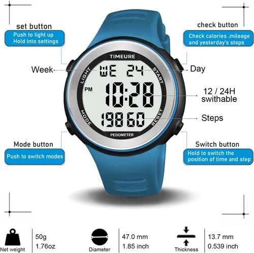 Miniatura 4 de Reloj podómetro para hombres para caminar, contador de pasos sin carga, sin conexión de aplicación, con retroiluminación EL. Opción simple y Azul