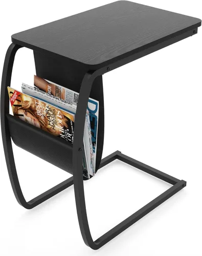 SRIWATANA Mesas auxiliares para sala de estar, mesa vintage para computadora portátil en forma de C para sofá, mesa de aperitivos con bolsillo Negro