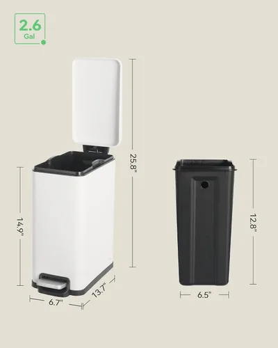 Miniatura 7 de Nunsino Cubo de basura pequeño para baño con 15 bolsas de basura, cubo de basura de acero inoxidable de 2.6 galones con tapa de cierre suave, Blanco