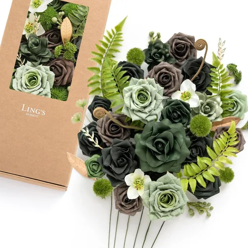 Miniatura 47 de Ling's moment Caja de Flores Falsas, Tallos de Vegetación Artificial Falsa Rosas de Espuma Dalias de Seda Hojas de Rosa Flor de Tela para Centros