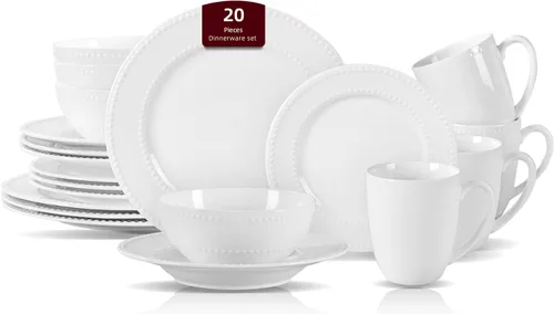 Miniatura 13 de HomeVss, nuevo juego de vajilla de porcelana de hueso, diseño de loto en relieve, juego de 20 piezas
