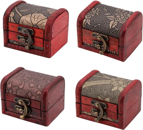 Cajas de madera con patrón de 4 estilos, cofre del tesoro pirata vintage con mini cerradura de metal, cajas de almacenamiento decorativas para