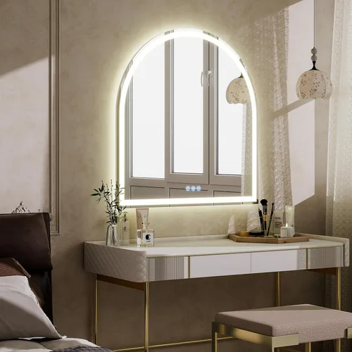 Miniatura 8 de BEAUTYPEAK Espejo de baño con arco LED de 34 x 30 pulgadas con luces, antiniebla, regulable, retroiluminado + iluminado frontal, espejo de tocador