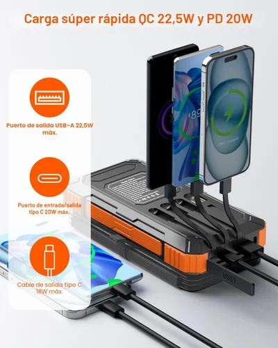 Miniatura 5 de Cargador Solar Power Bank 49800mAh con 4 Cables Integrados y 4 Paneles Plegables, Cargador de Teléfono Portátil Rápido PD22.5W, Paquete de Batería
