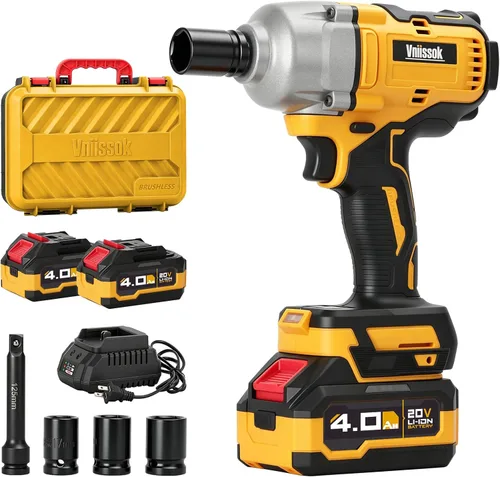 Llave de impacto inalámbrica, 900 pies-libra (1200 N.m) pistola de impacto sin escobillas de 1/2" con batería 2x 4.0Ah, cargador rápido y 6 dados,