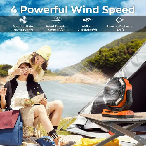 Miniatura 3 de 68HRS - Ventilador de campamento para correr con luz, batería recargable de 20000 mAh, potentes 4 velocidades y oscilación automática, con Naranja