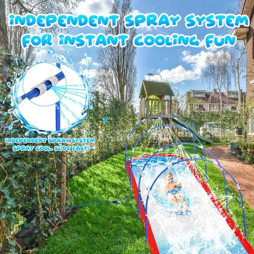 Miniatura 4 de Tobogán acuático de césped de 23 pies con marco de metal doble y sistema de riego independiente, tobogán de agua para patio trasero de niños