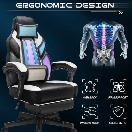 Miniatura 6 de Silla de juegos para adultos, sillas de juegos con reposapiés, silla ergonómica de videojuegos con masaje lumbar grande y alta silla de computadora