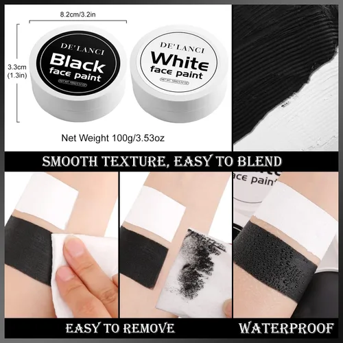 Miniatura 6 de DE'LANCI Face Paint Black + White Clown Makeup Face Body Paint Set, High Pigment Professional Oil-Based Cosmetic Paint for Halloween SFX Makeup